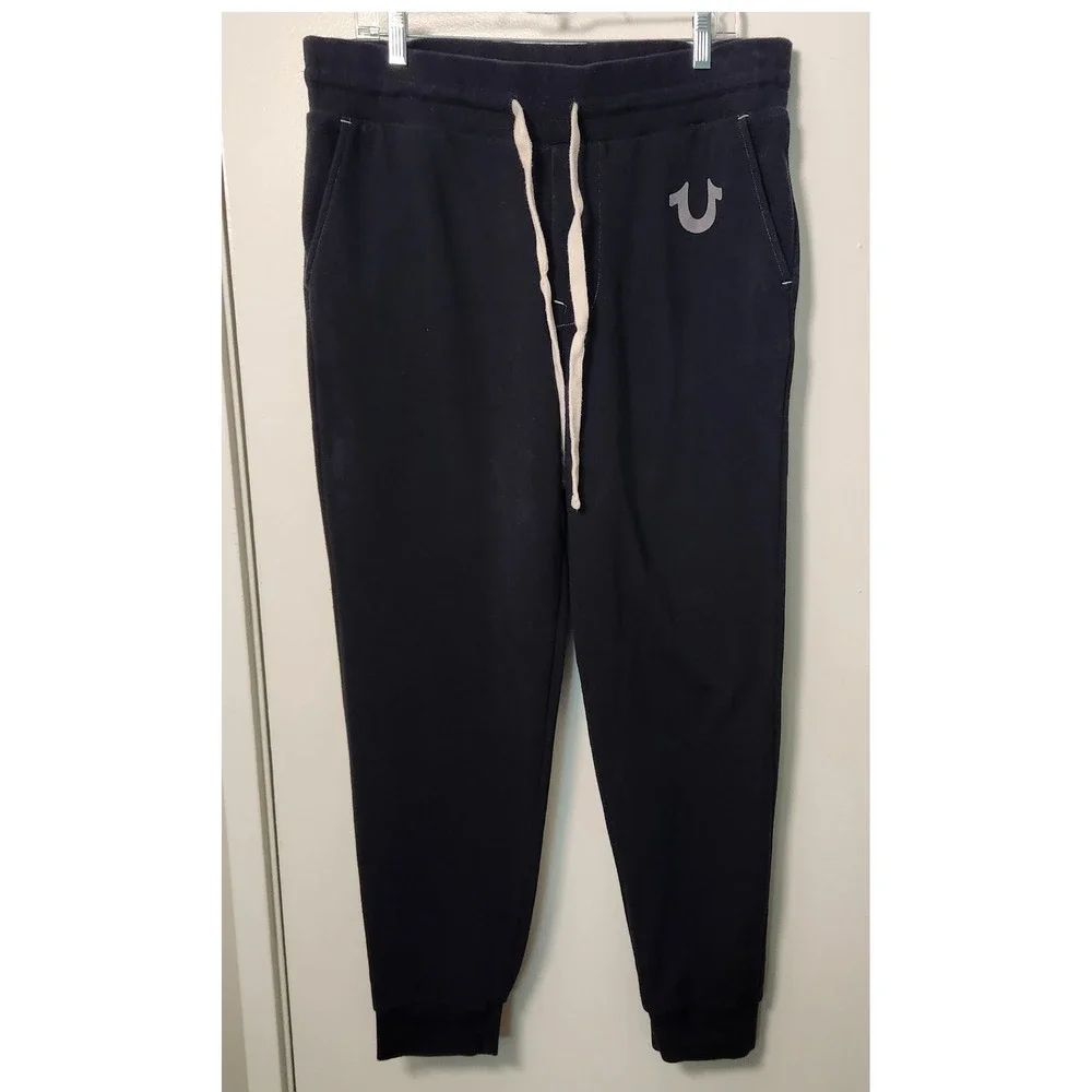 True Religion Black Men's Sweatpants Joggers Drawstring Waist Logo Pockets Large